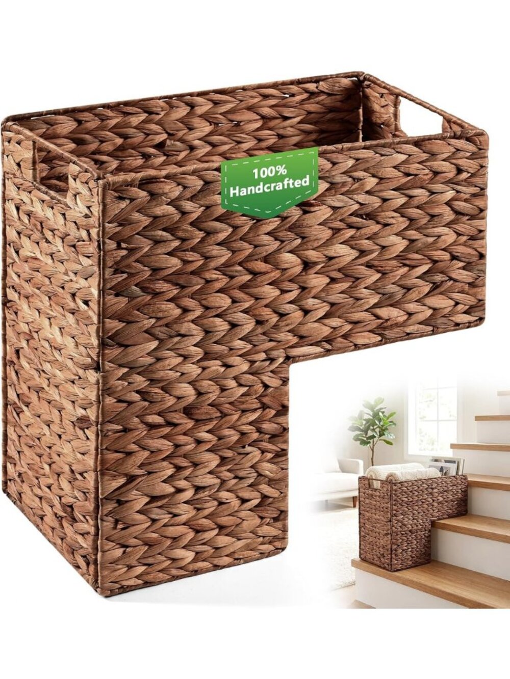 Handwoven Water Hyacinth Stair Basket for Carpeted & Wooden Steps - Stylish